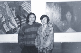 Photograph of <i>(left to right)</i> Mao Xuhui and Lu Peng,  the oil painting exhibition ‘1988 Southwest Art’, taken in 1988. (Photo courtesy: Mao Xuhui)