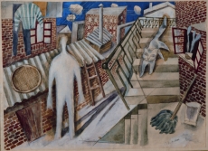 〈 紅磚樓•胡同〉，毛旭輝，1985，紙本、水彩、鉛筆， 30×41.5厘米