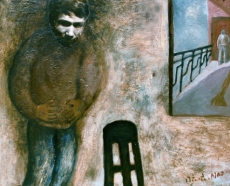 〈 自畫像‧正午〉， 毛旭輝， 1986，纖維板上油畫、拼貼，44x54厘米