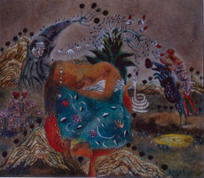 〈遺夢集之十五：豐盛的晚餐〉，張曉剛，1987，紙板油畫，27 x 30 x 5厘米