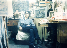 Photograph of Zhang Xiaogang at the dormitory of Kunming Troupe, taken in 1984.