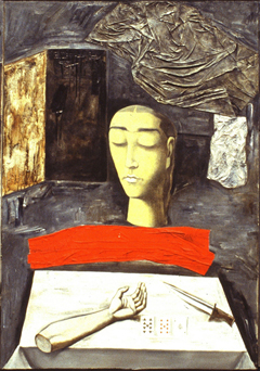 〈黑色三部曲之一恐怖、之二冥想、之三憂鬱〉，張曉剛，1989–90，布上三聯油畫，179 x 114 x 3厘米