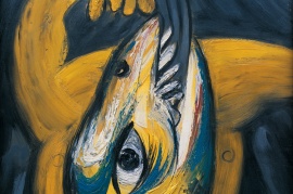 〈鳥人發功〉，王友身，1988，木板油畫，62 x 42.5 厘米